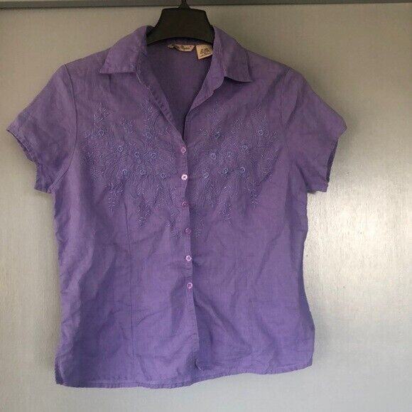 Quizz Again Linen Blend Vtg Y2K Button Front Floral Embroider Short Sleeve Top M - Picture 1 of 6